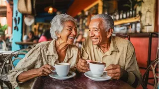 Renal Care Services - Pareja pacientes renales felices tomando café
